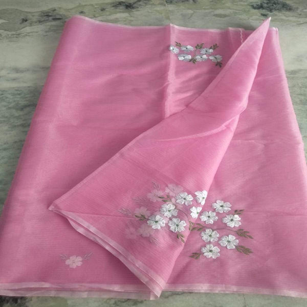 Buy This Pink Kota Doria Embroidery Work Saree, Kota Doria Sarees