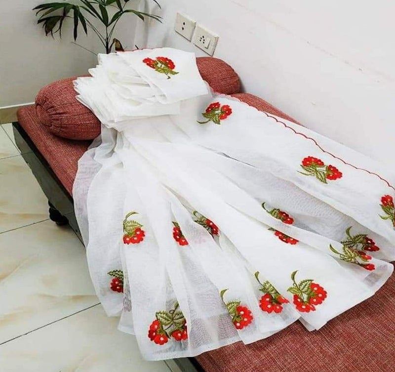 Buy This Kota Doria Embroidery Work Sari In White, Kota Sarees Sale