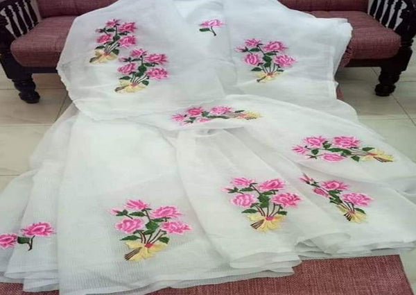 Shop  Kota Doria Embroidery Work Sari In White, Kota Saree