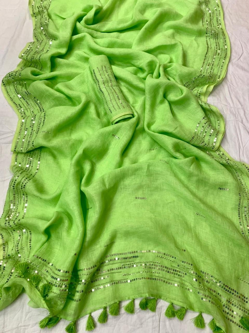 Green Pure Linen Saree With Embroidery