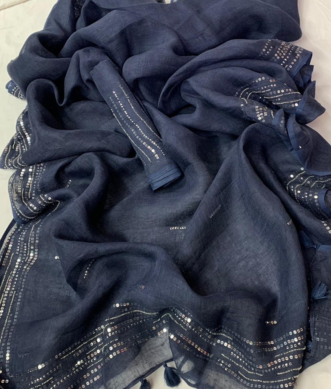 Navy Blue Pure Linen Saree With Embroidery