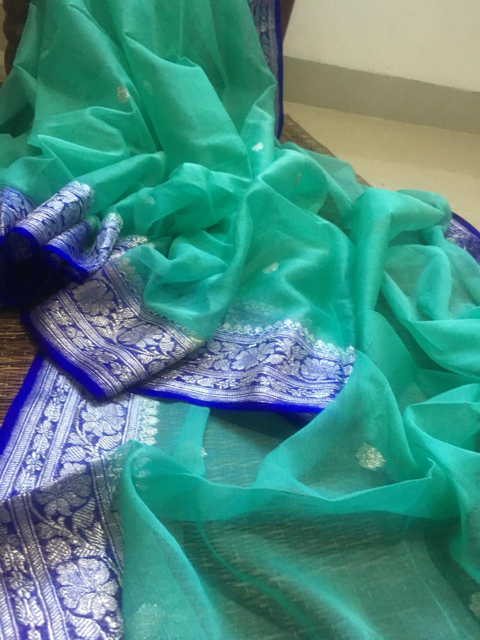 Seagreen And Blue Banarasi Khaddi Saree