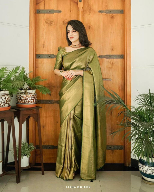 Light Green Banarasi Soft Silk Saree With Blouse