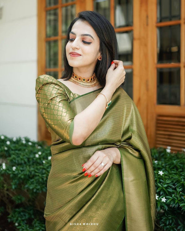 Light Green Banarasi Soft Silk Saree With Blouse