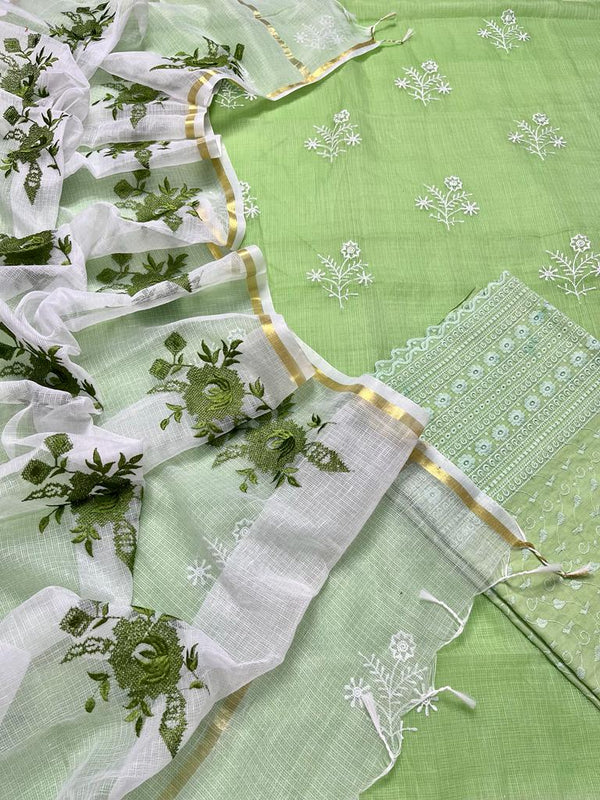 Light Green Hand Embroided Cotton Kota Doria Suit Fabric With Dupatta