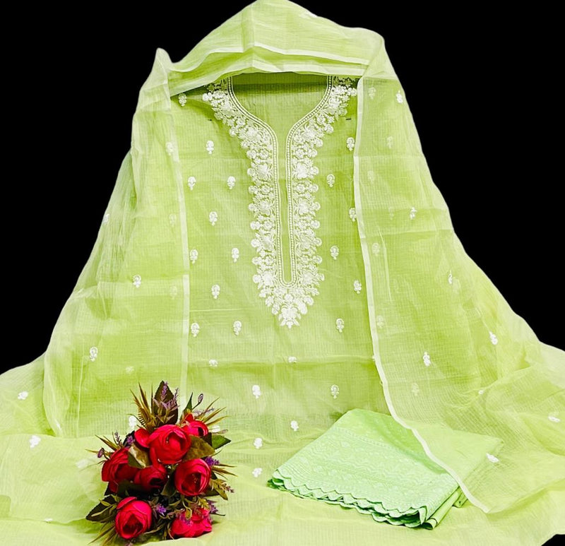 Light Green Hand Embroided Kota Doria Suit Fabric With Dupatta