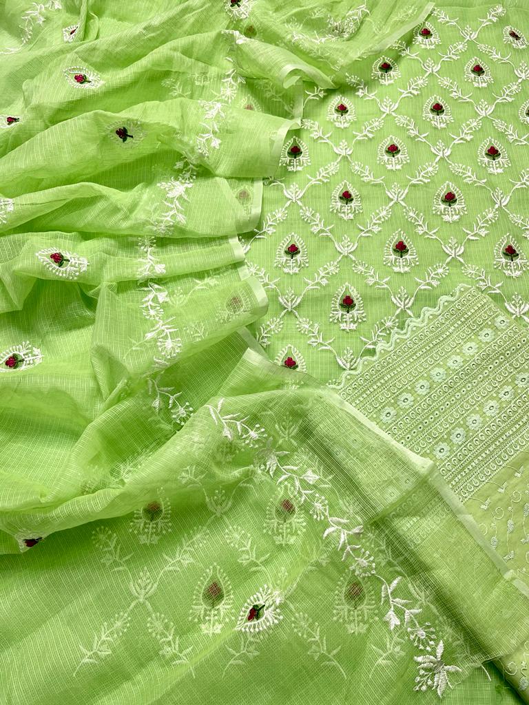 Light Green Hand Embroided Kota Doria Suit Fabric With Dupatta