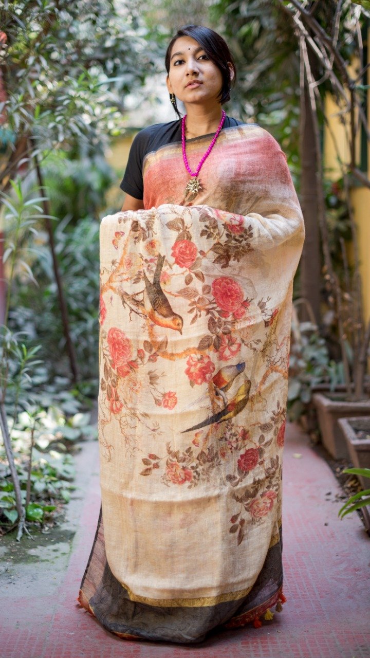 Pure Linen Saree In Creame,Buy Digital Print Saree Online,Latest Printed Linen Saree At Affordable Rate