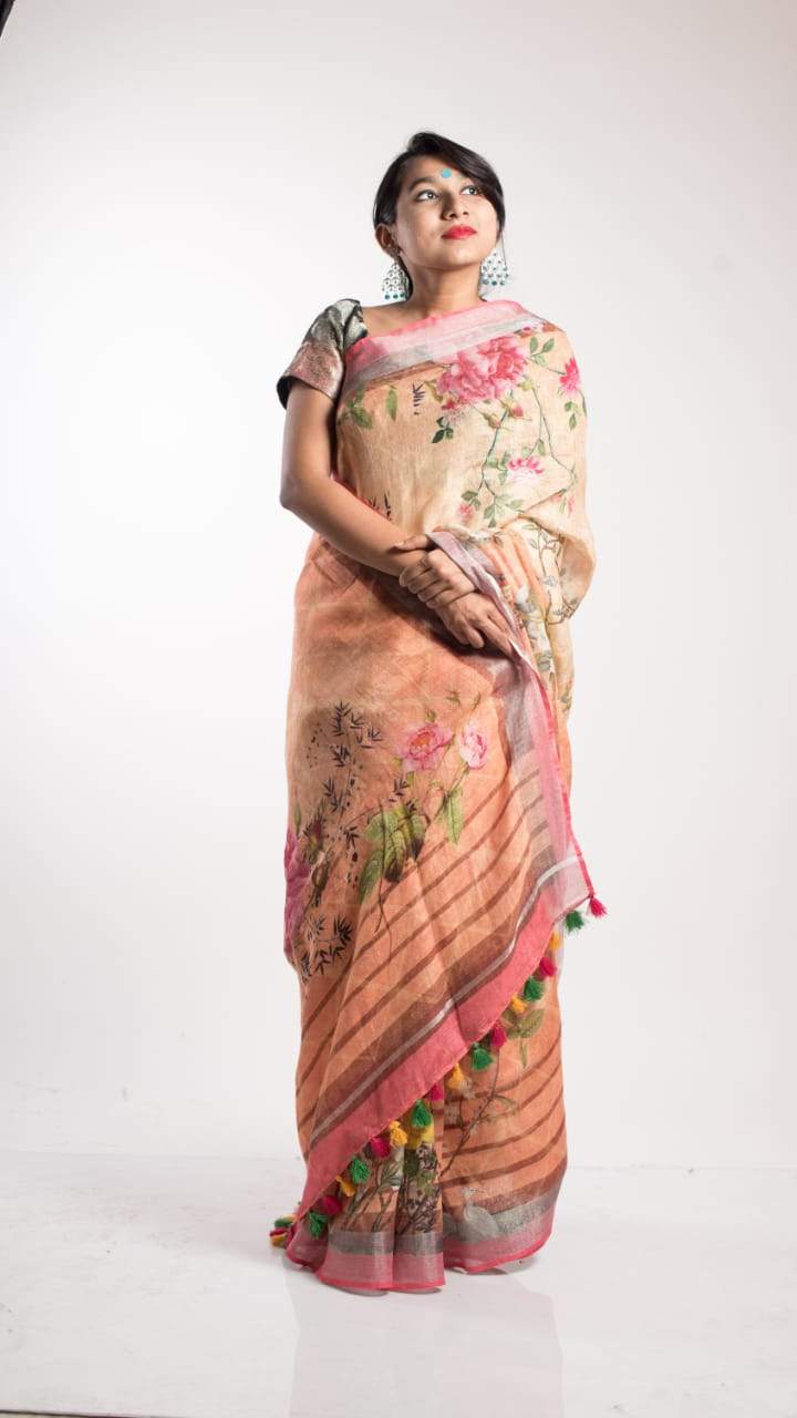 Linen Digital Print Saree In Light Orange,Latest Digital Print Saree ,Shop Floral Print Saree Best Rates