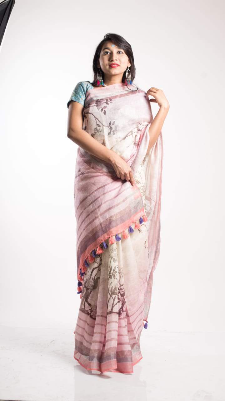 Linen Digital Print Saree In Baby Pink,Buy Digital Print Saree Online,Latest Printed Linen Saree At Affordable Rate