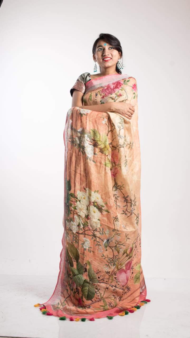 Linen Digital Print Saree In Peach,Shop Linen Saree Online,Buy Floral Print At Best Rate