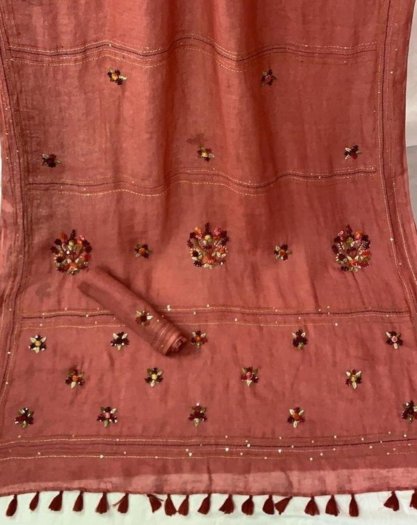 Linen Embroidred Saree In Brown,Pure Saree , Buy Online At Jhakhas.Com 