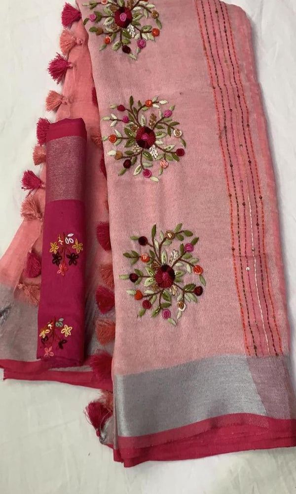 Linen Embroidred Saree In Carrot Pink,Pure Linen Saree , Order Online Saree