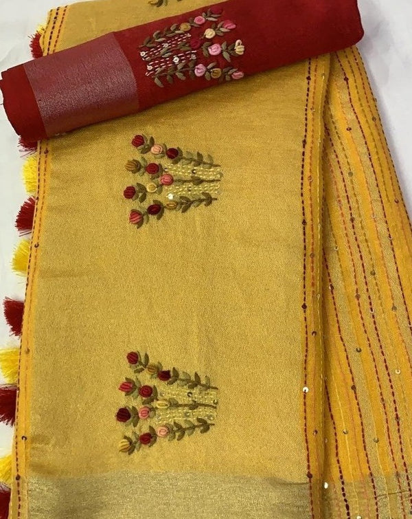 Linen Embroidred Saree In Mustard, Traditional Saree , Thread Work , Online Saree