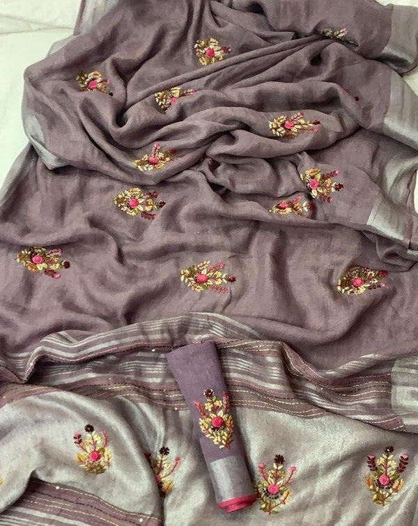 Linen Embroidred Saree In Purple,Pure Saree , Buy Online At Jhakhas.Com 