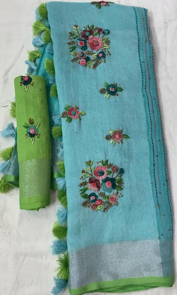 Linen Embroidred Saree In Skyblue And Green, Buy Online Saree , Traditional Saree