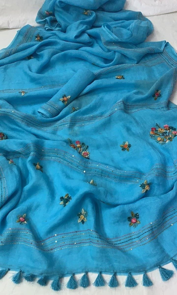 Linen Embroidred Saree In Skyblue, Traditional Saree , Thread Work , Online Saree