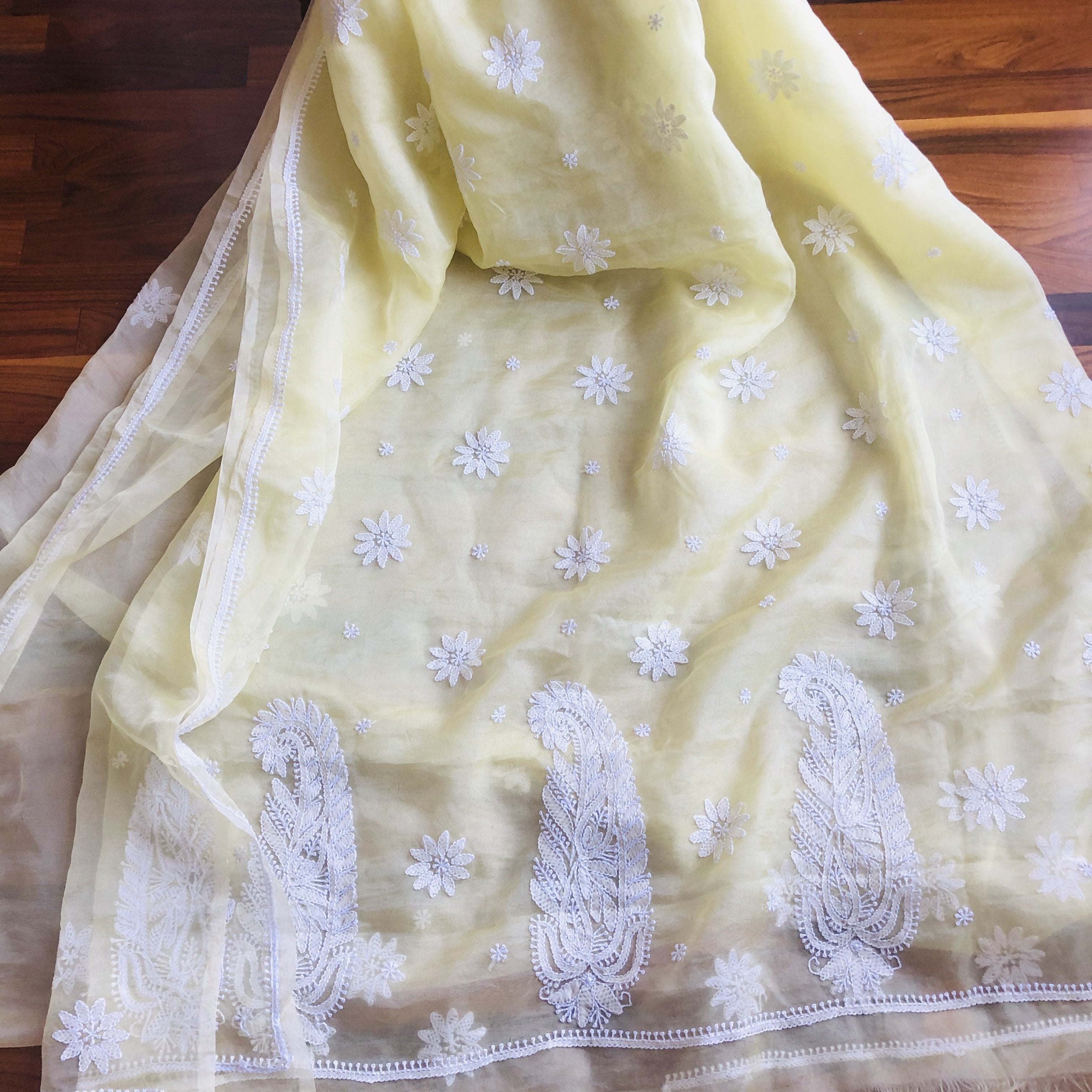 YELLOW chikankari Net designer Chikan Saree, 5.5 m (separate blouse piece)