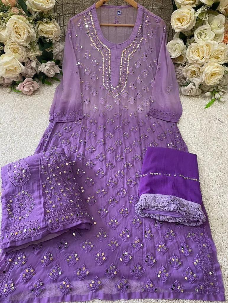 Lukhnowi Chikan Work Purple Sharara Set
