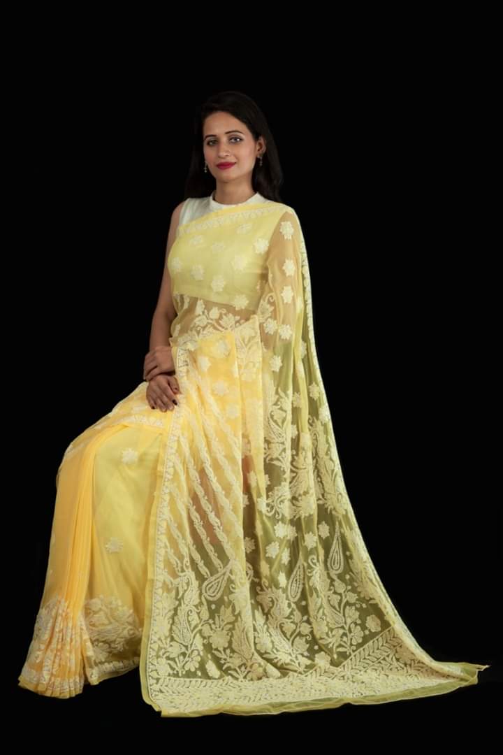 Lucknowi Chikankari Saree In Bright Yellow, Lucknowi Chikankari Sarees Prices