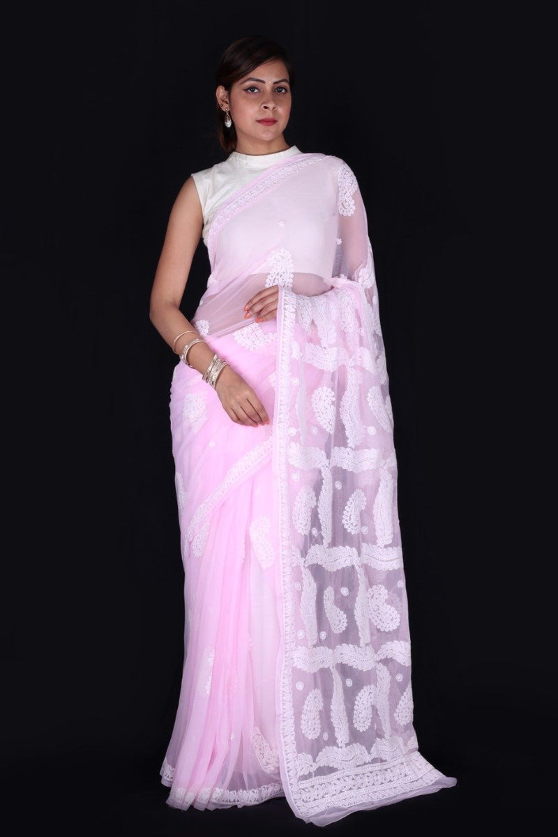 Lucknowi Chikankari Saree In Pink, Lucknowi Chikankari Sarees Online, Chikankari Sarees In Hyderabad