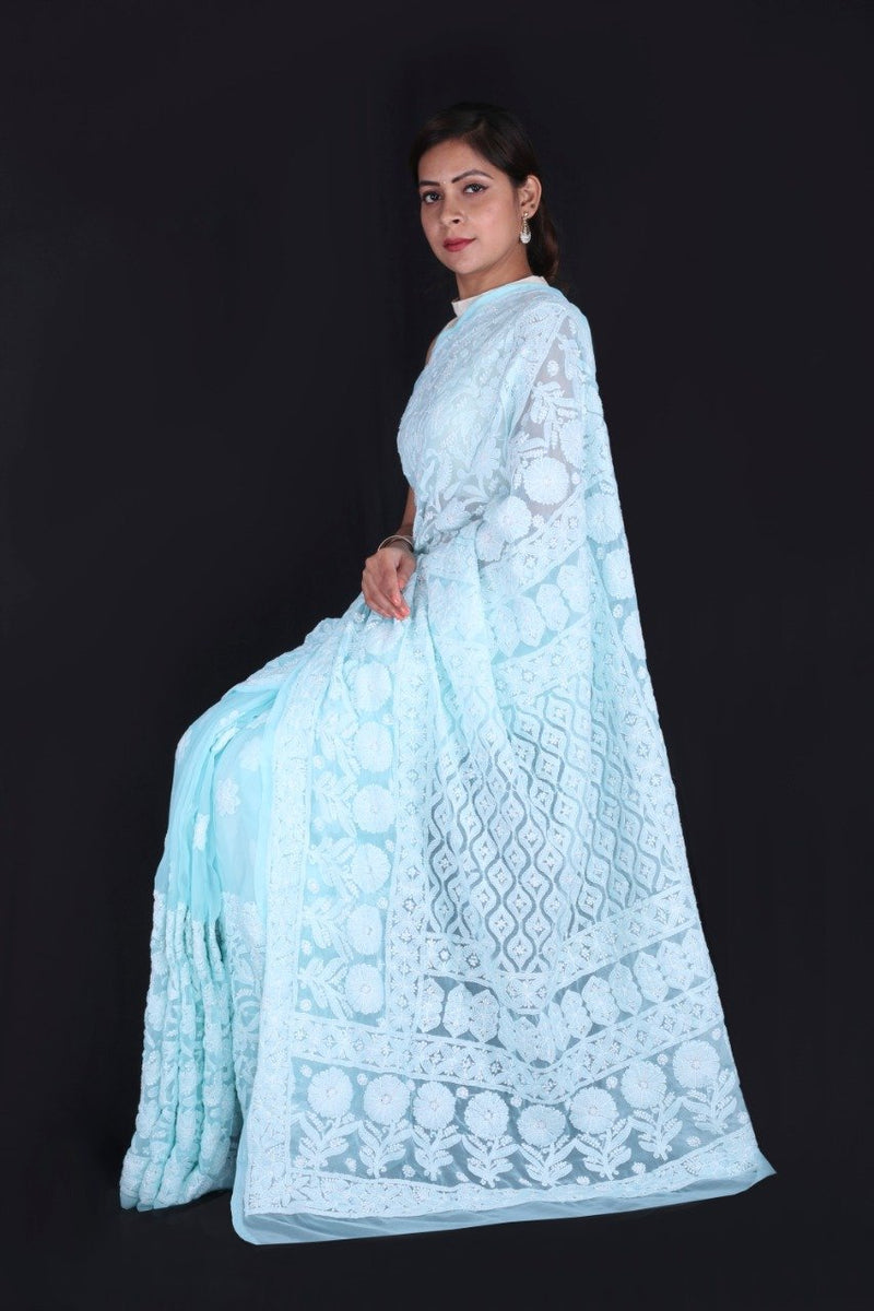 Lucknowi Chikankari Saree In Skyblue, Lucknow Chikan Sarees Online India