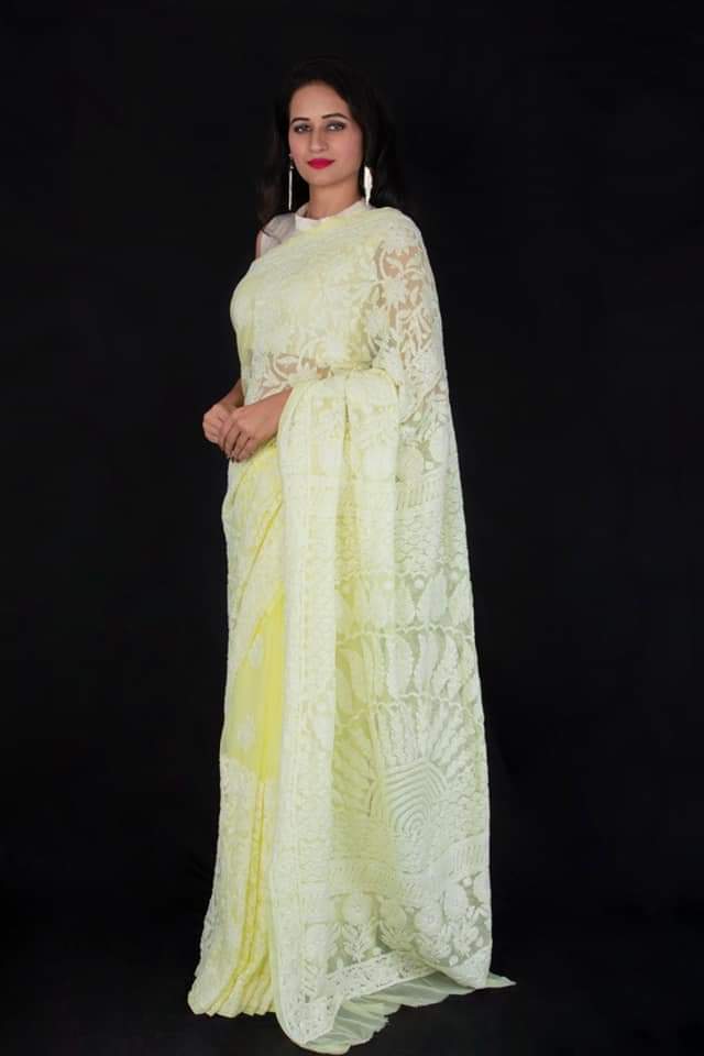 Lucknowi Chikankari Saree In Yellow, Lucknowi Chikankari Sarees Online, Chikankari Sarees In Hyderabad