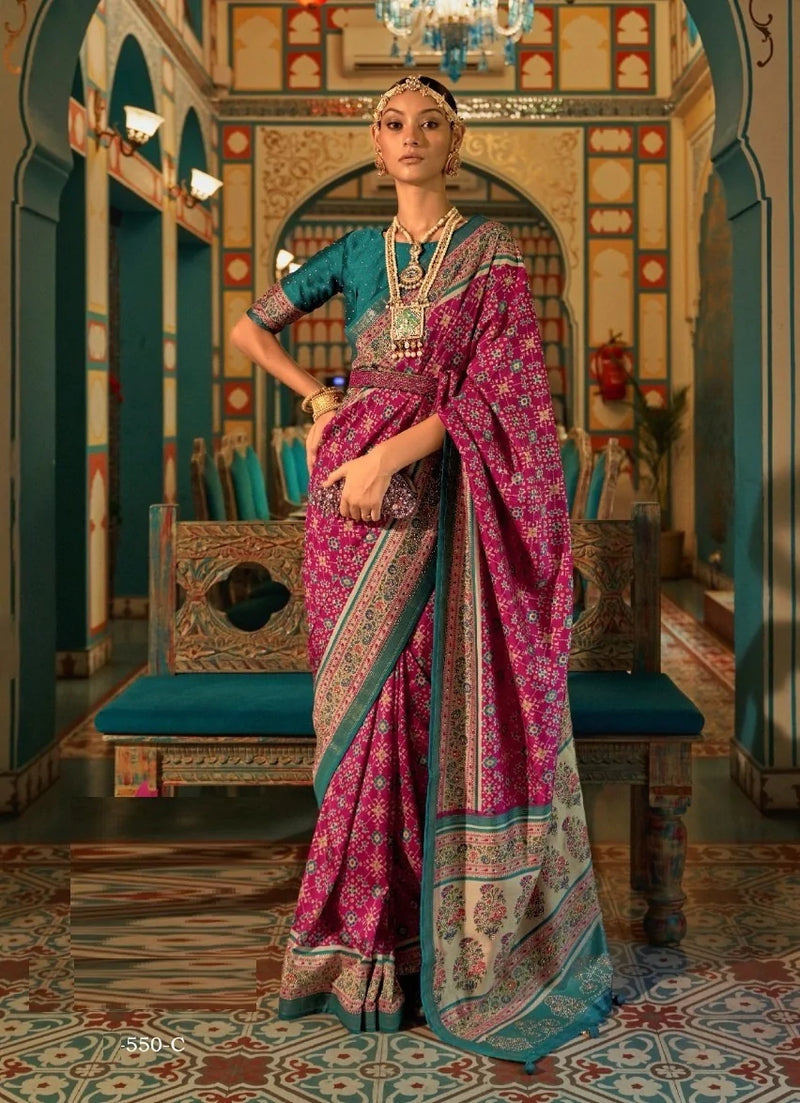 Magenta And Blue Patola Silk Saree With Contrast Blouse