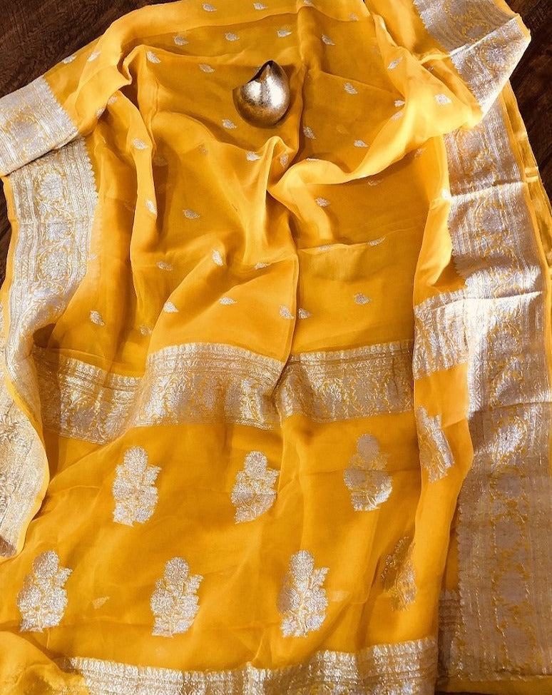 Mango Yellow Banarasi Khaddi Chiffon saree,Wedding Saree, Indian Sarees, Online Sarees