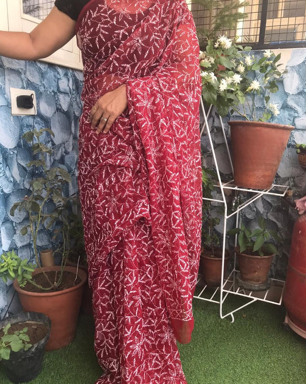 Red Lucknowi Tepechi Work Saree ,Chikankari saree from lucknow, Chikankari saree online