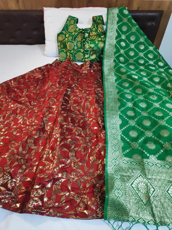 Banarasi Lehenga In Darkgreen Red ,banarasi brocade lehenga choli, banarasi lehenga


