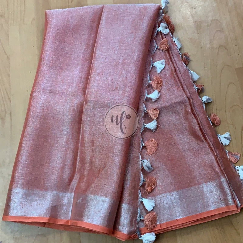 Buy Orange Linen Tissue Embroidred Saree 