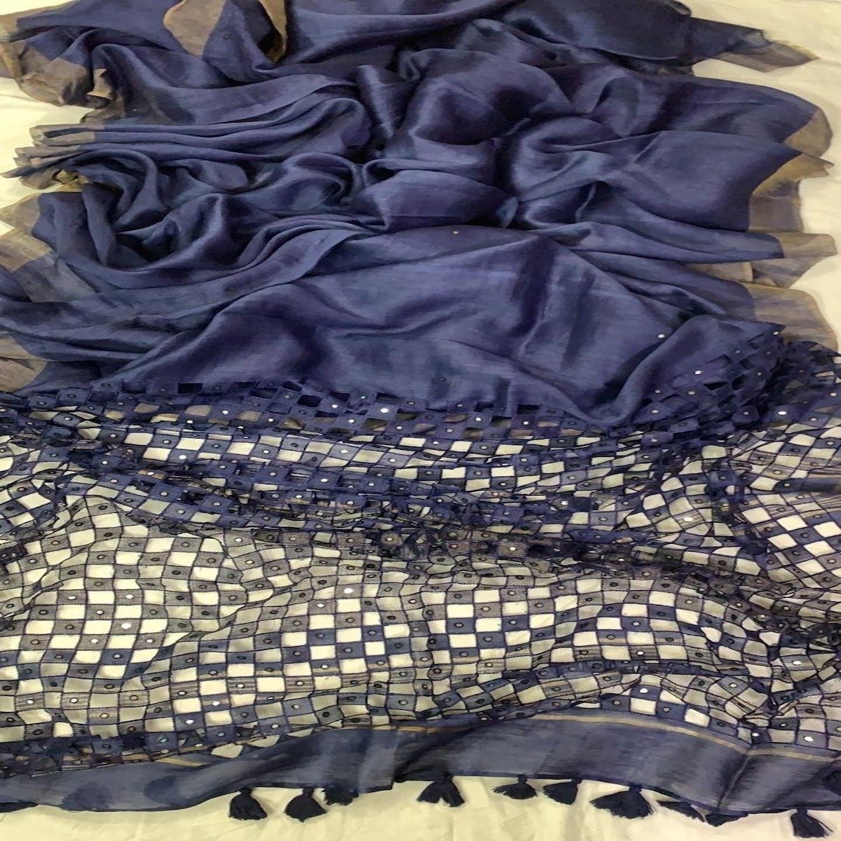 Navyblue Silk Linen Cutwork Saree ,Linen silk cutwork sarees, Linen sarees With Mirror Work
