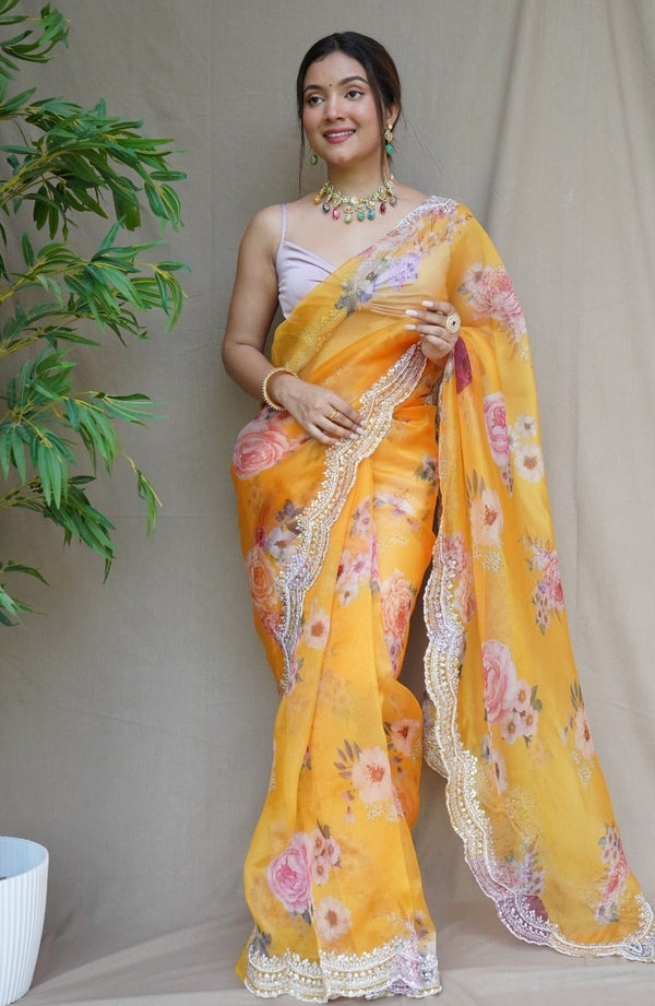 orange floral organza boutique saree