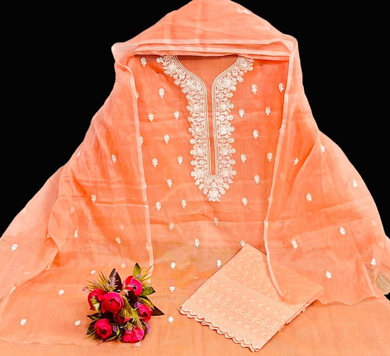 Orange Hand Embroided Kota Doria Suit Fabric With Dupatta