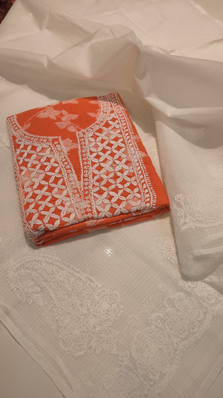 Orange Chikankari Suit Material
