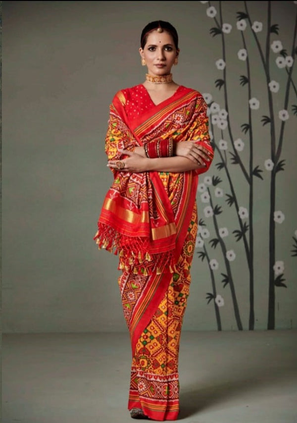 Orange Printed Patola Silk Saree