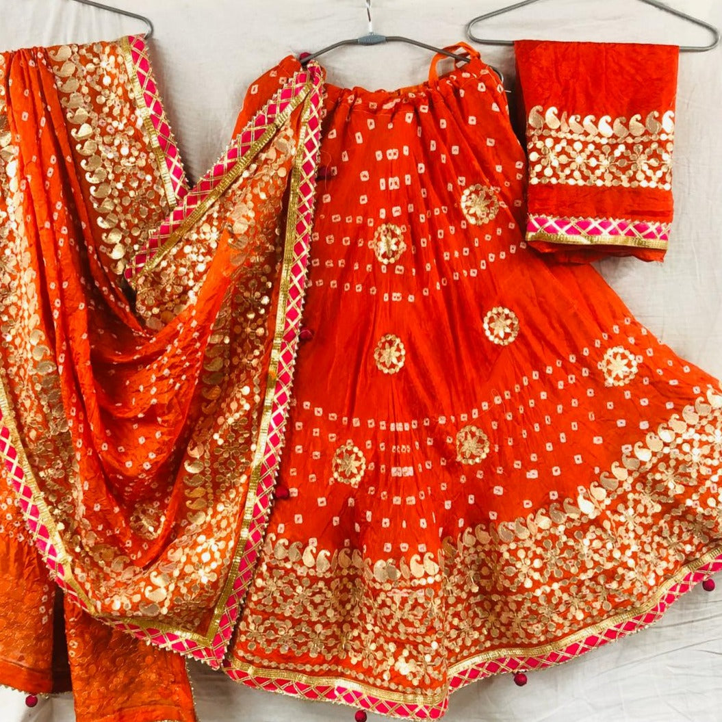 Orange Bandhej Lehenga Chunni, Jaipuri Lehenga Chunni , Online Rajasthani Lehenga Chunni 