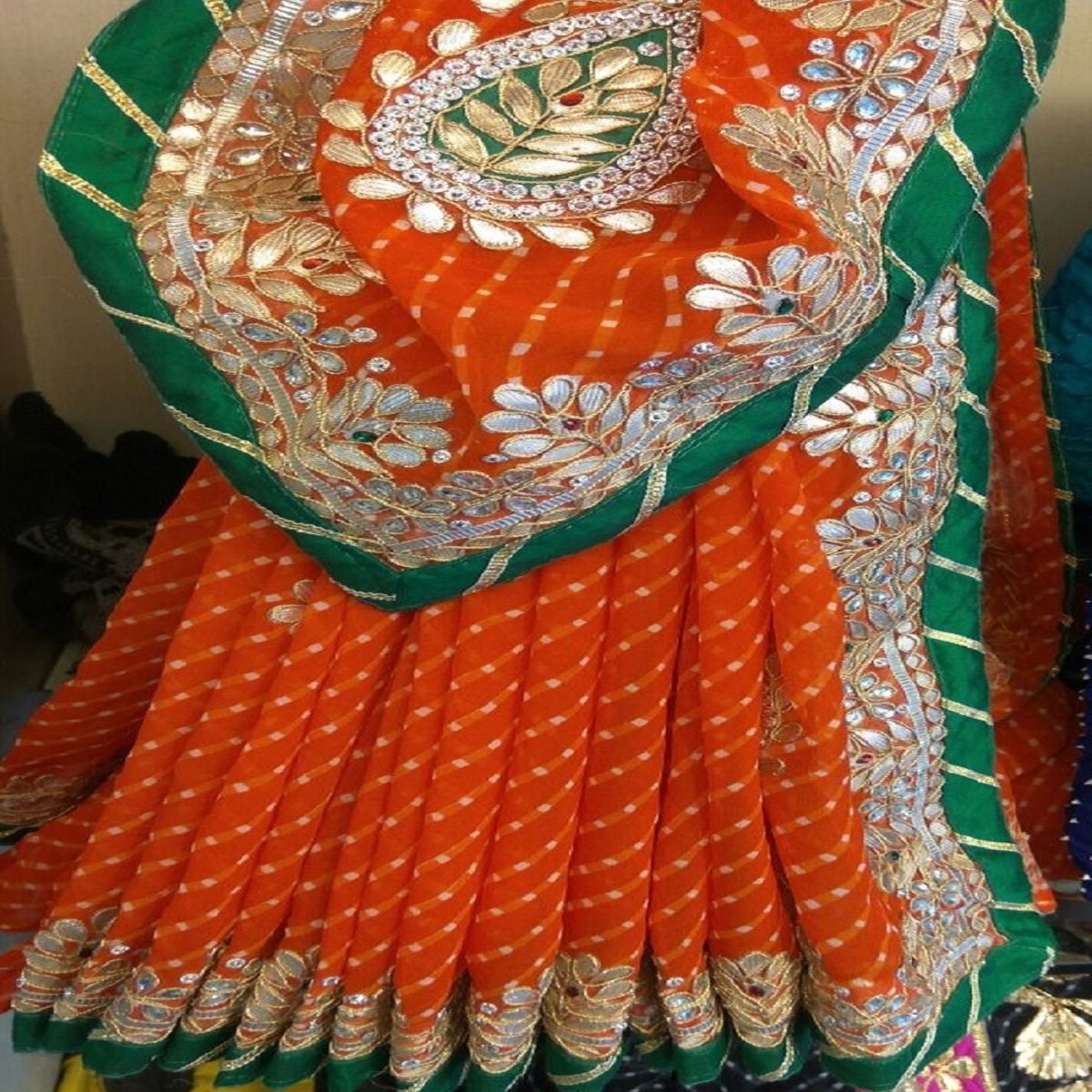 Orange Mothra Gota Patti Work Saree,Have Now,Pure Chiffon Saree,Buy Now,Bandhani Saree