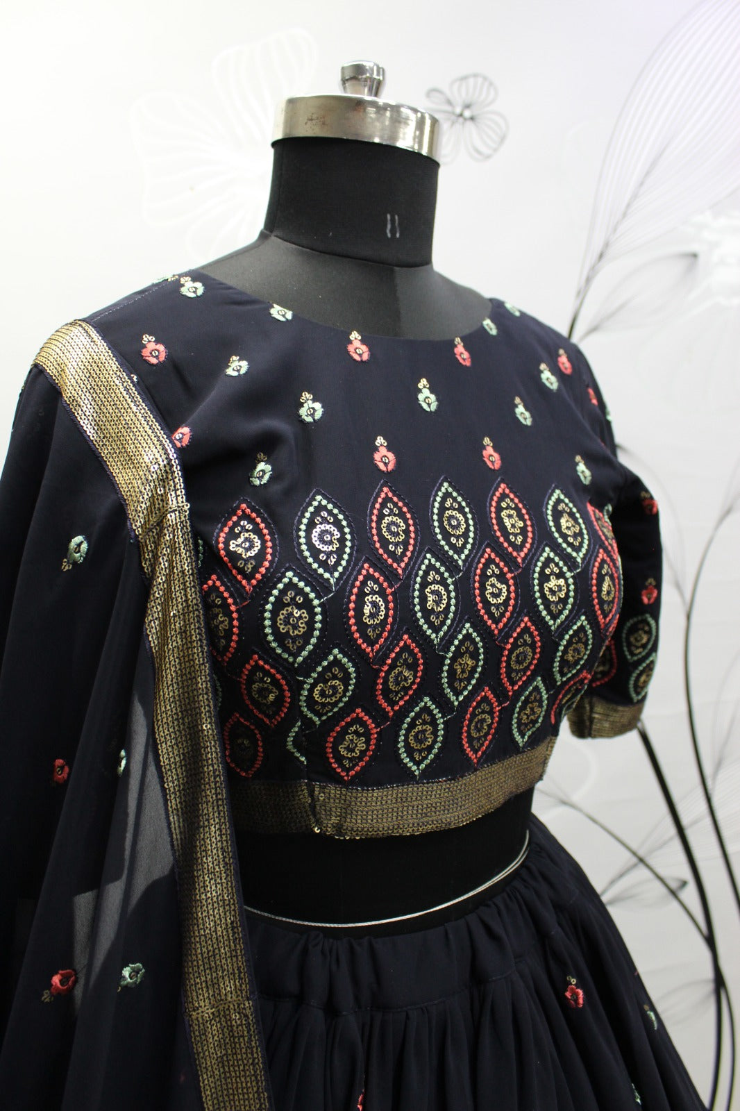 Black Embroidery And Sequin Semi Stitched Lehenga