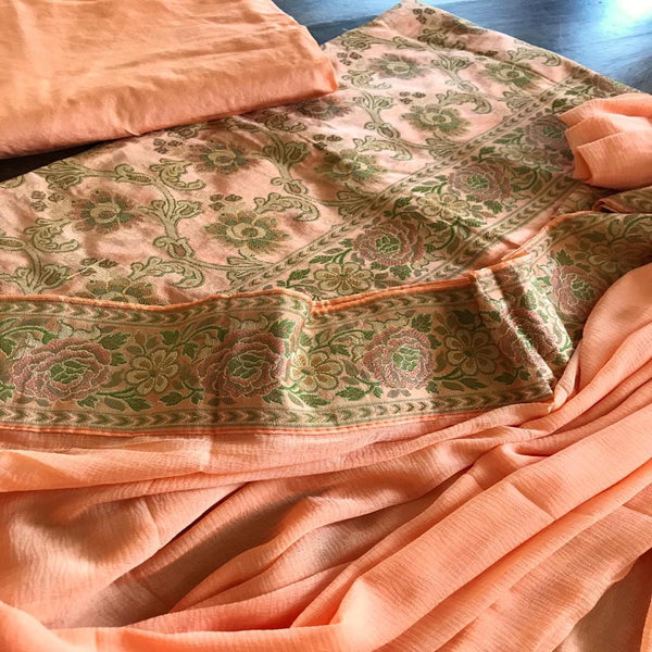 Peach Banarasi Salwar Suit With Chiffon Dupatta,Latest Banarasi Katan Silk Salwar Suit,Shop Banarasi Salwar Suit Best Rates