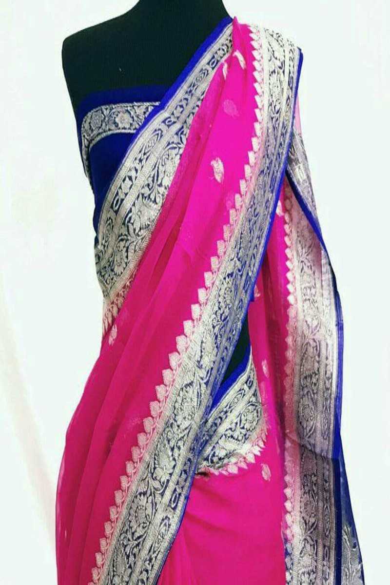 Karwachauth Pink Banarsee Khaddi Chiffon Saree,Wedding Saree, Indian Sarees, Online Sarees