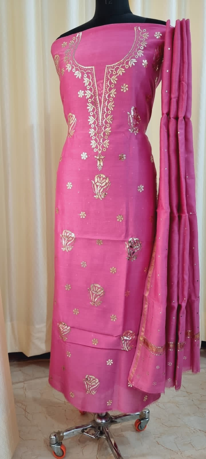 Pink Chanderi Chikankari Silk Kurti And Dupatta