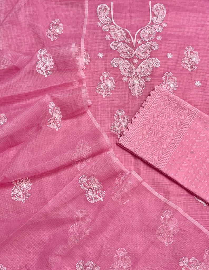 Pink Hand Embroided Cotton Kota Doria Suit With Dupatta