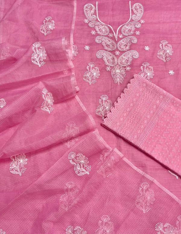 Pink Hand Embroided Cotton Kota Doria Suit With Dupatta
