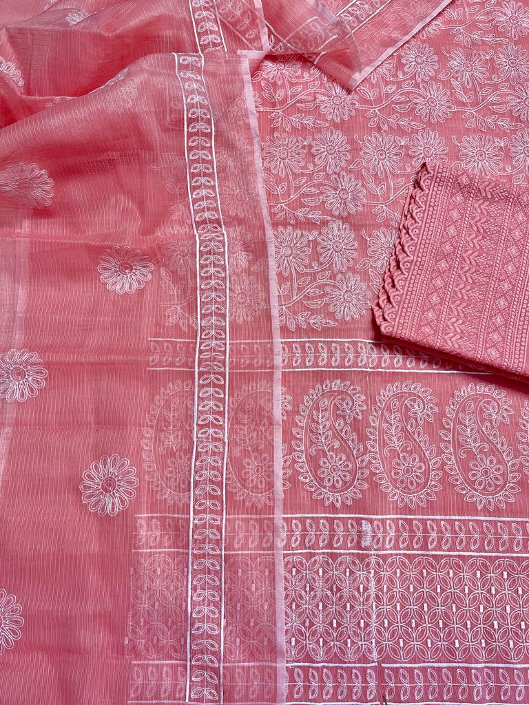 Pink Embroided Kota Doria Suit Cotton Fabric With Dupatta