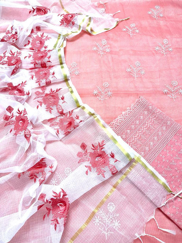 Pink Hand Embroided Cotton Kota Doria Suit Fabric With Dupatta