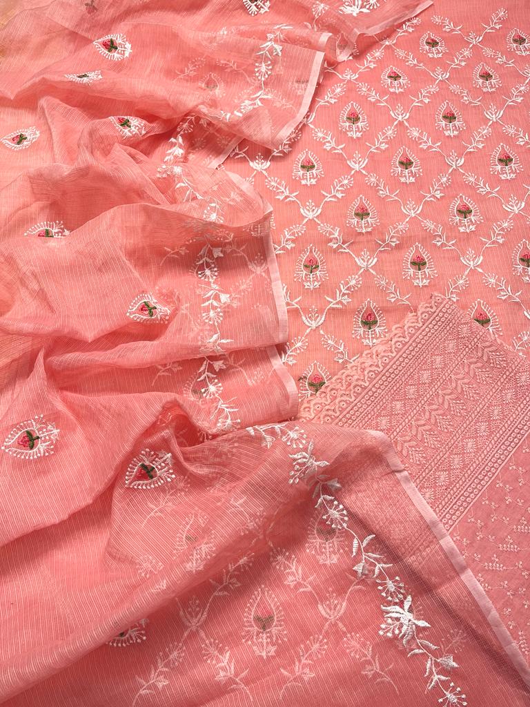Pink Hand Embroided Kota Doria Suit Fabric With Dupatta