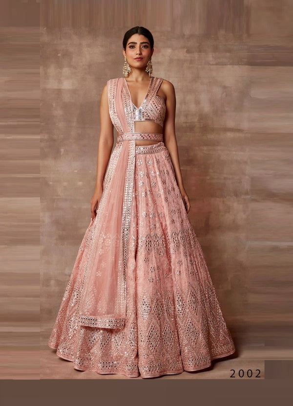 Pink Sequin & Embroidery Organza Lehenga
