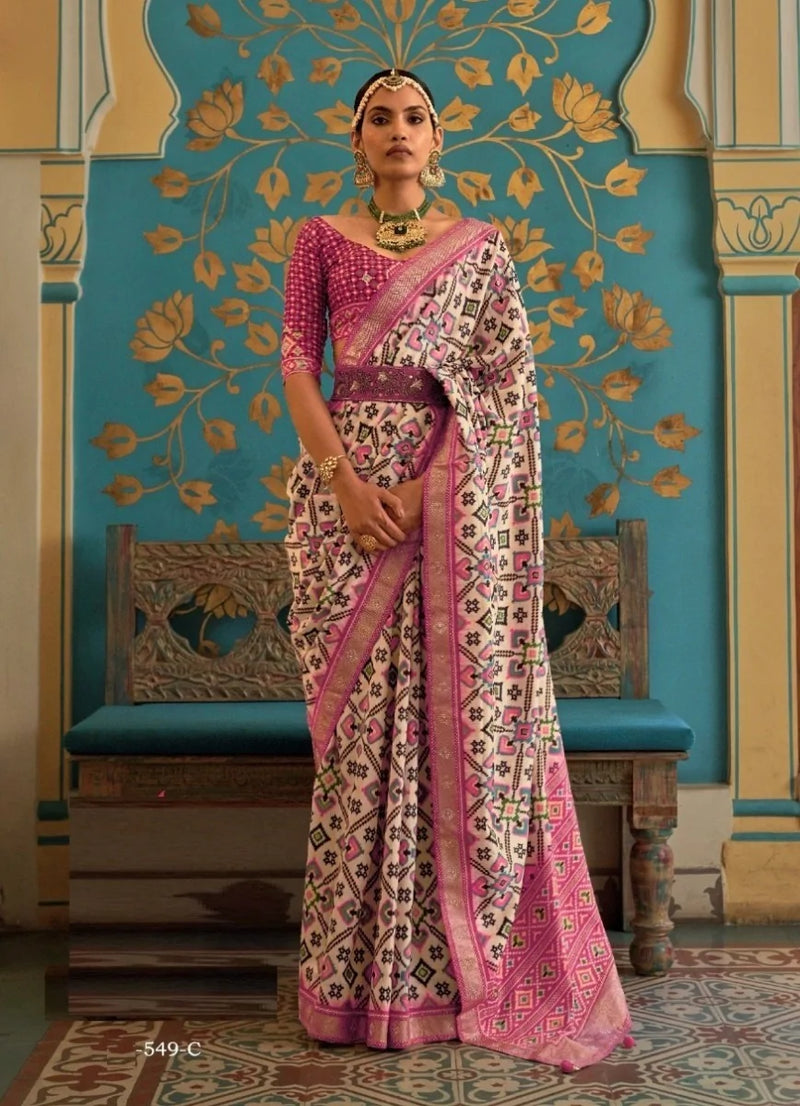 Pink Patola Silk Saree With Matching Blouse